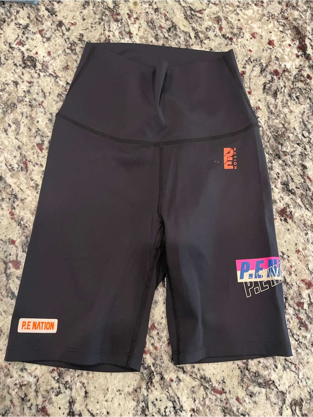 P.E Nation Black High-Rise Performance Bike Shorts with Neon Logos